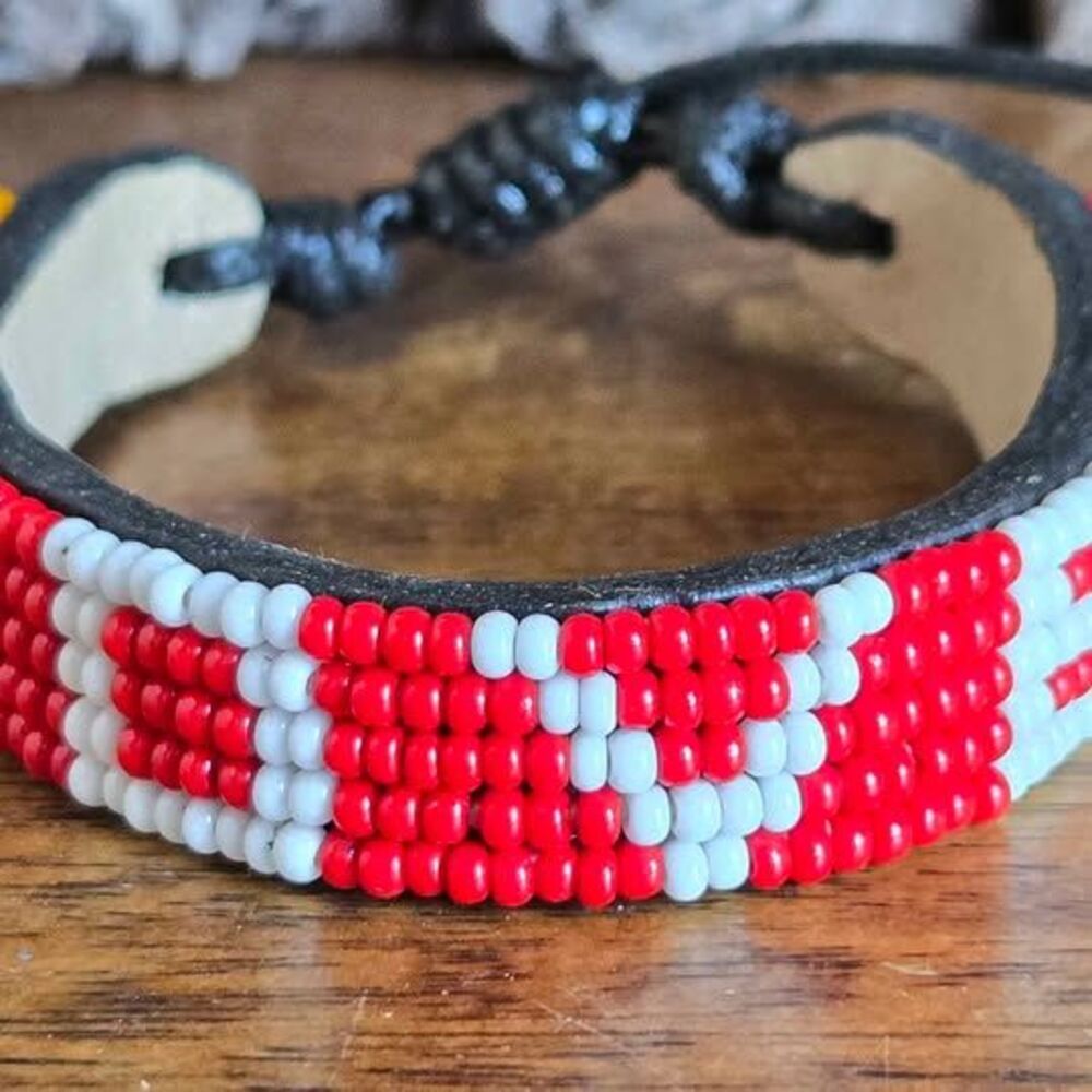 Ubuntu Life Red & White LOVE Beaded Leather Adjustable Bracelet